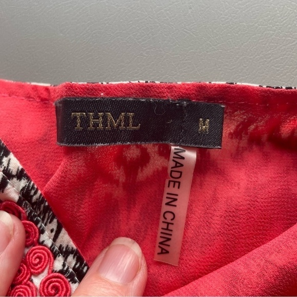 THML Black, White & Red Embroidered Spaghetti Strap Blouse – Size Medium - Picture 7 of 8